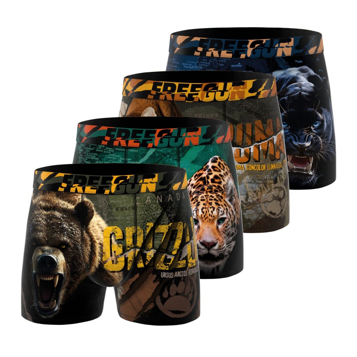 Lot De 4 Boxers Savage Animals marron/jaune/noir/vert/noir, FREEGUN