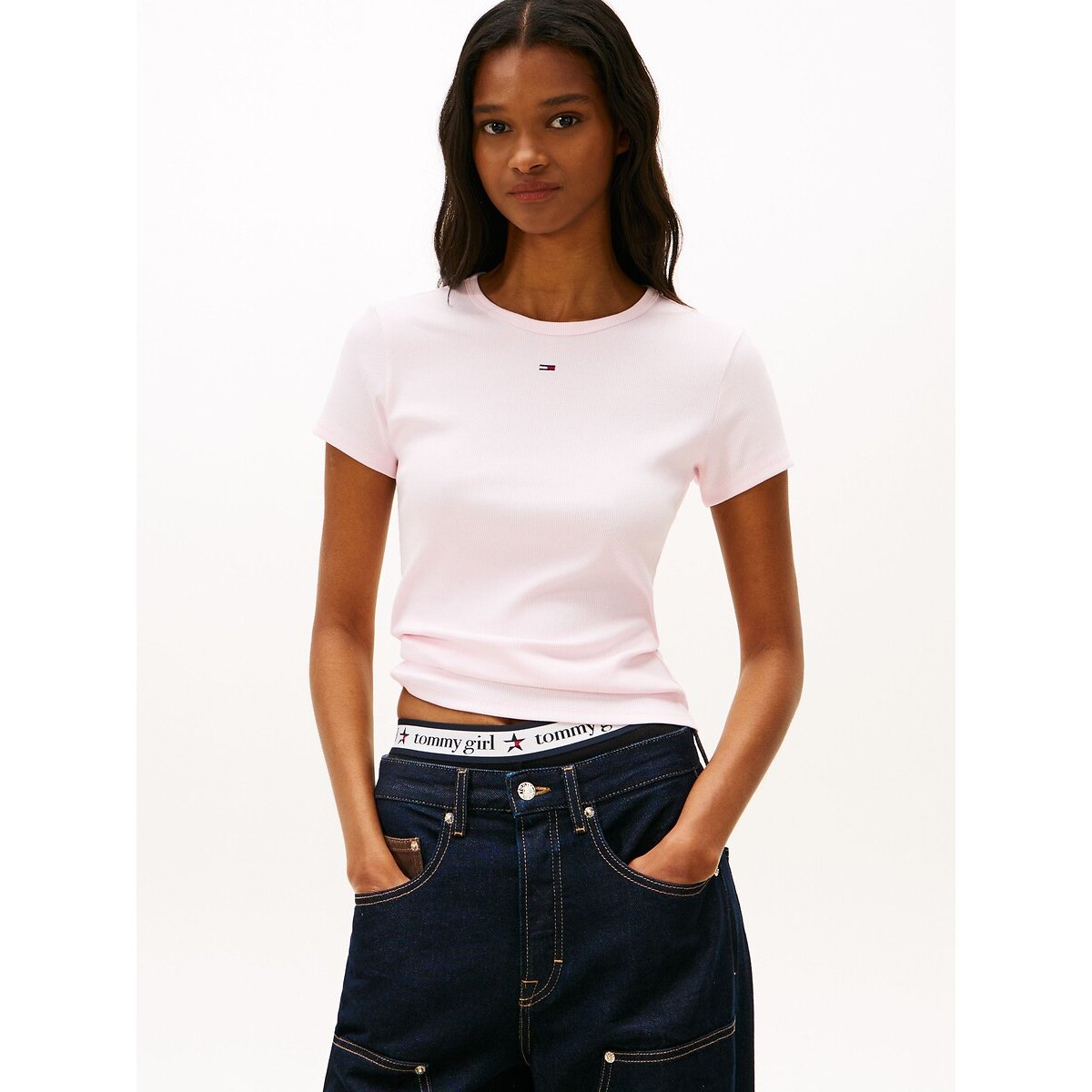 T-shirt rayé, col rond, manches courtes rose clair, TOMMY JEANS