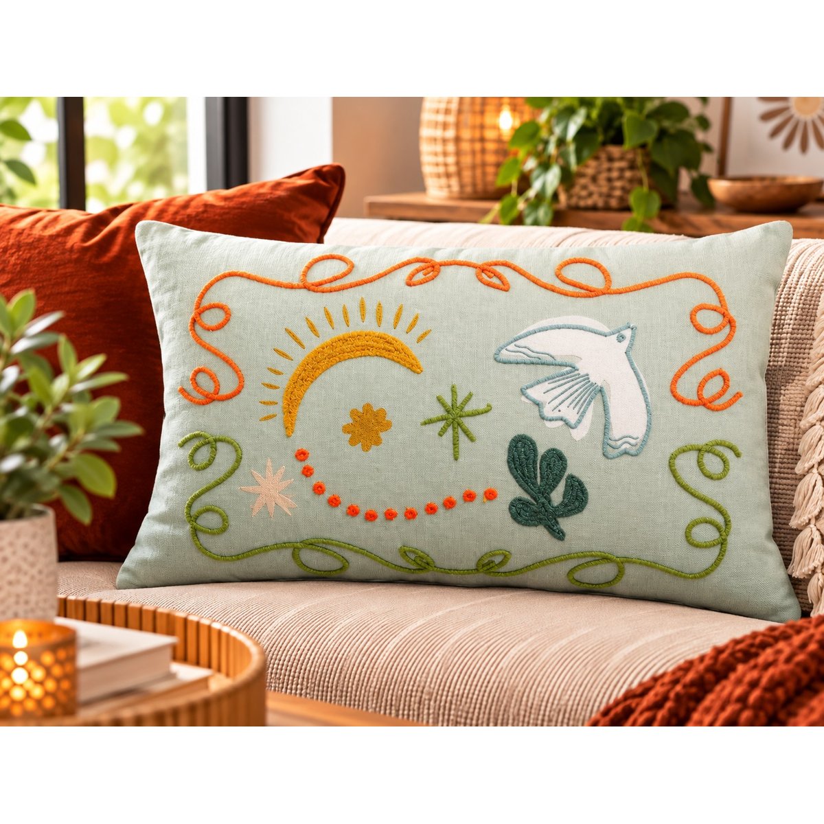 Coussin brodé Esquisse Boréale ciel, EDEN