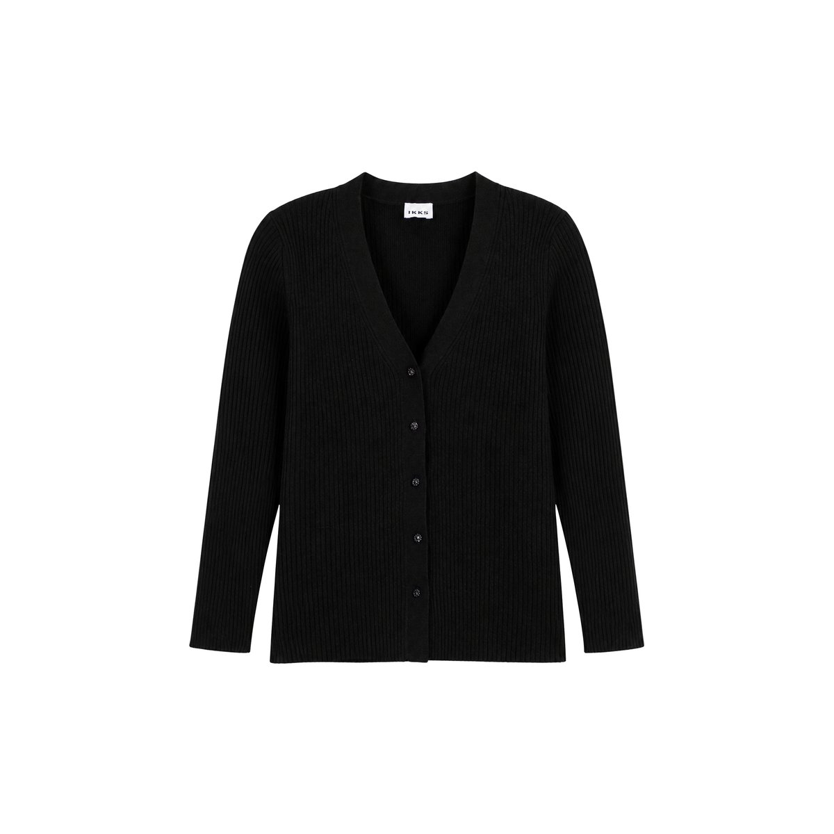 Cardigan col V tricot côtelé boutonné noir, IKKS