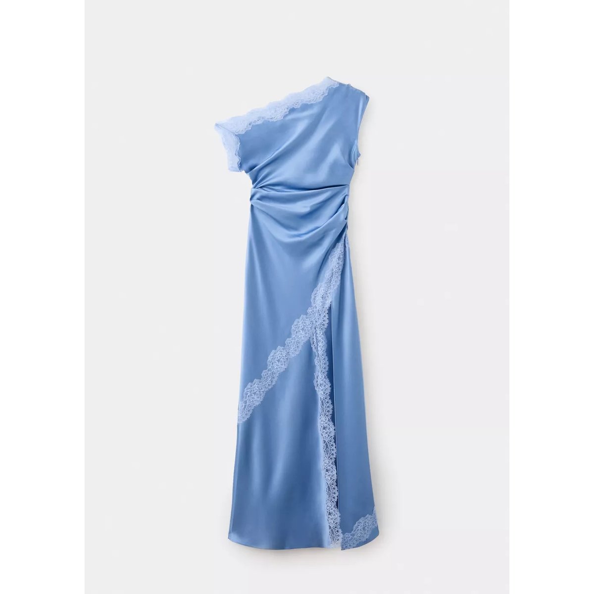 Robe asymétrique satinée détails dentelle bleu ciel, MANGO