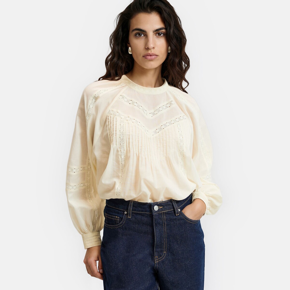Embroidered Cotton Voile Blouse with Crew Neck ivory, LA REDOUTE COLLECTIONS