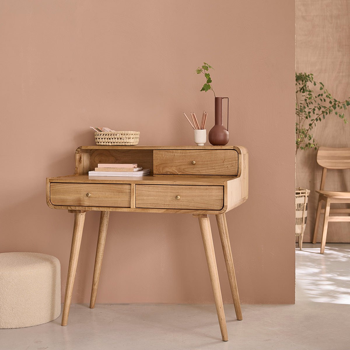 Bureau en bois massif 90 cm 3 tiroirs FIFTIES naturel, BERAH GETAH