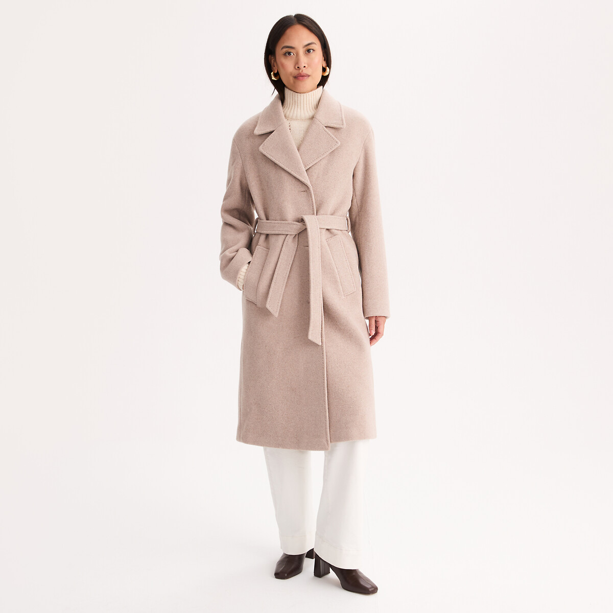 Manteau en laine mélangée, à col duveteux amovible beige chiné, ANNE WEYBURN