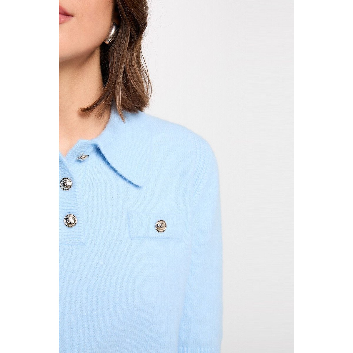 Pull manches courtes col polo bleu, MORGAN
