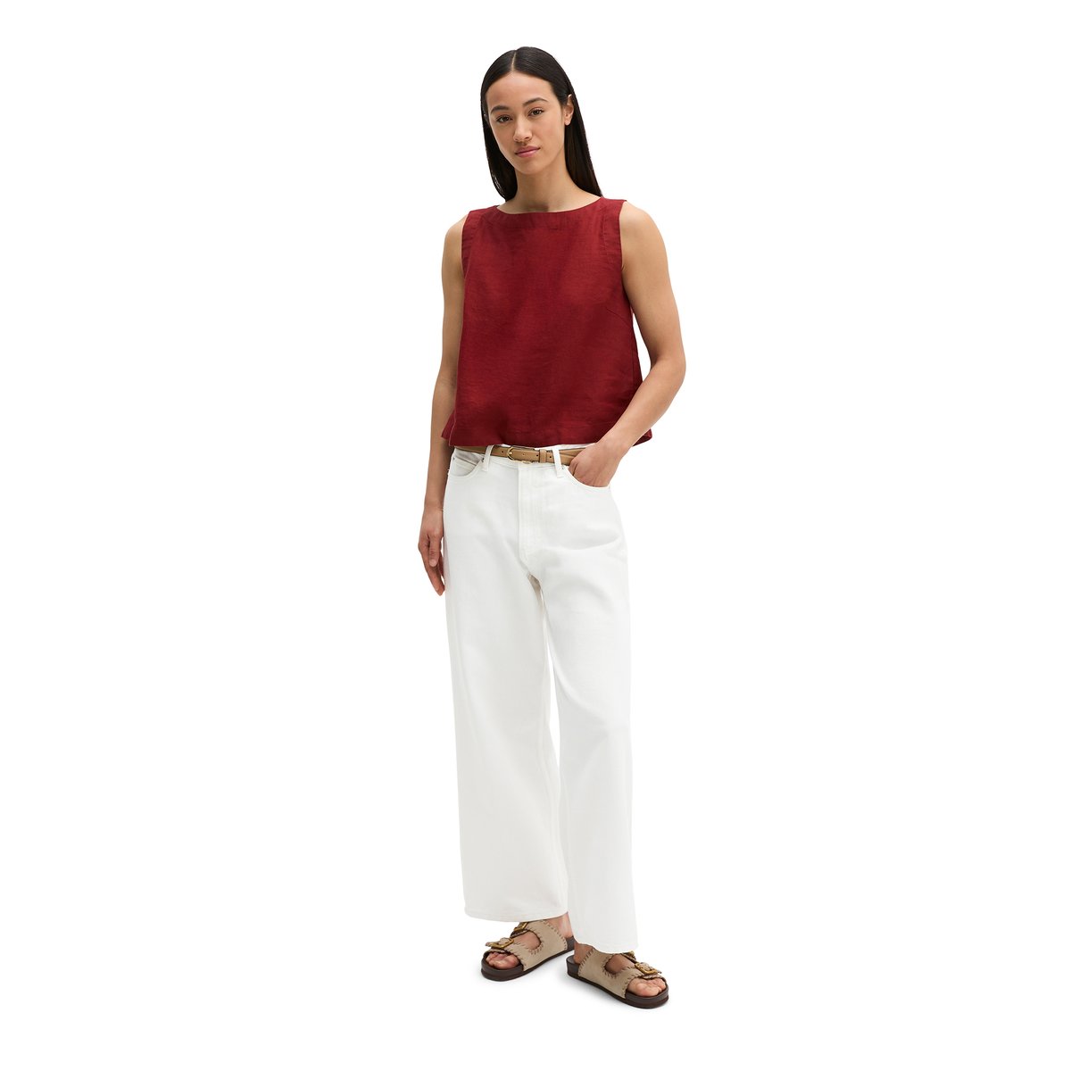 Blouse en lin sans manches regular avec des liens à nouer dans le dos rouge foncé, MARC O'POLO