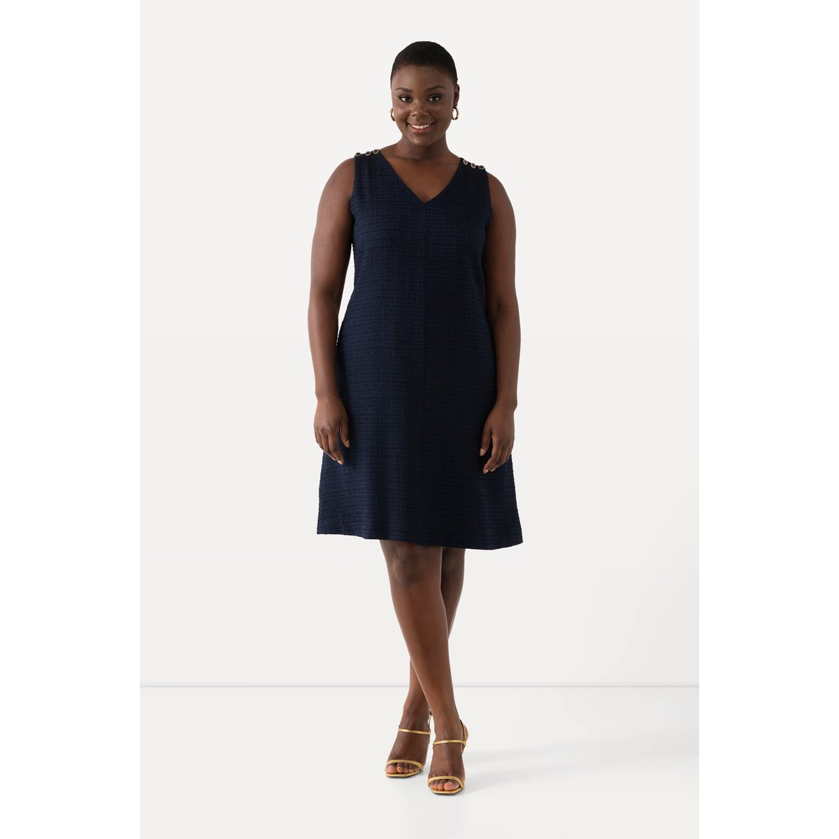 Robe en bouclette, coupe évasée, col V bleu nuit, ULLA POPKEN