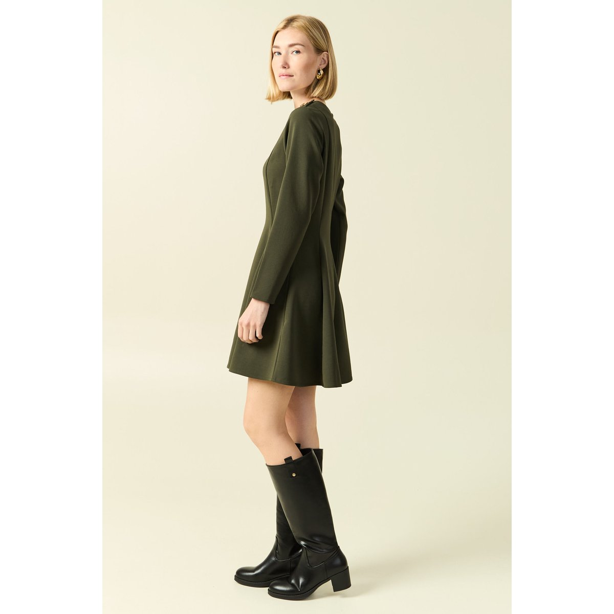 Robe fluide manches longues col rond vert kaki, BONOBO