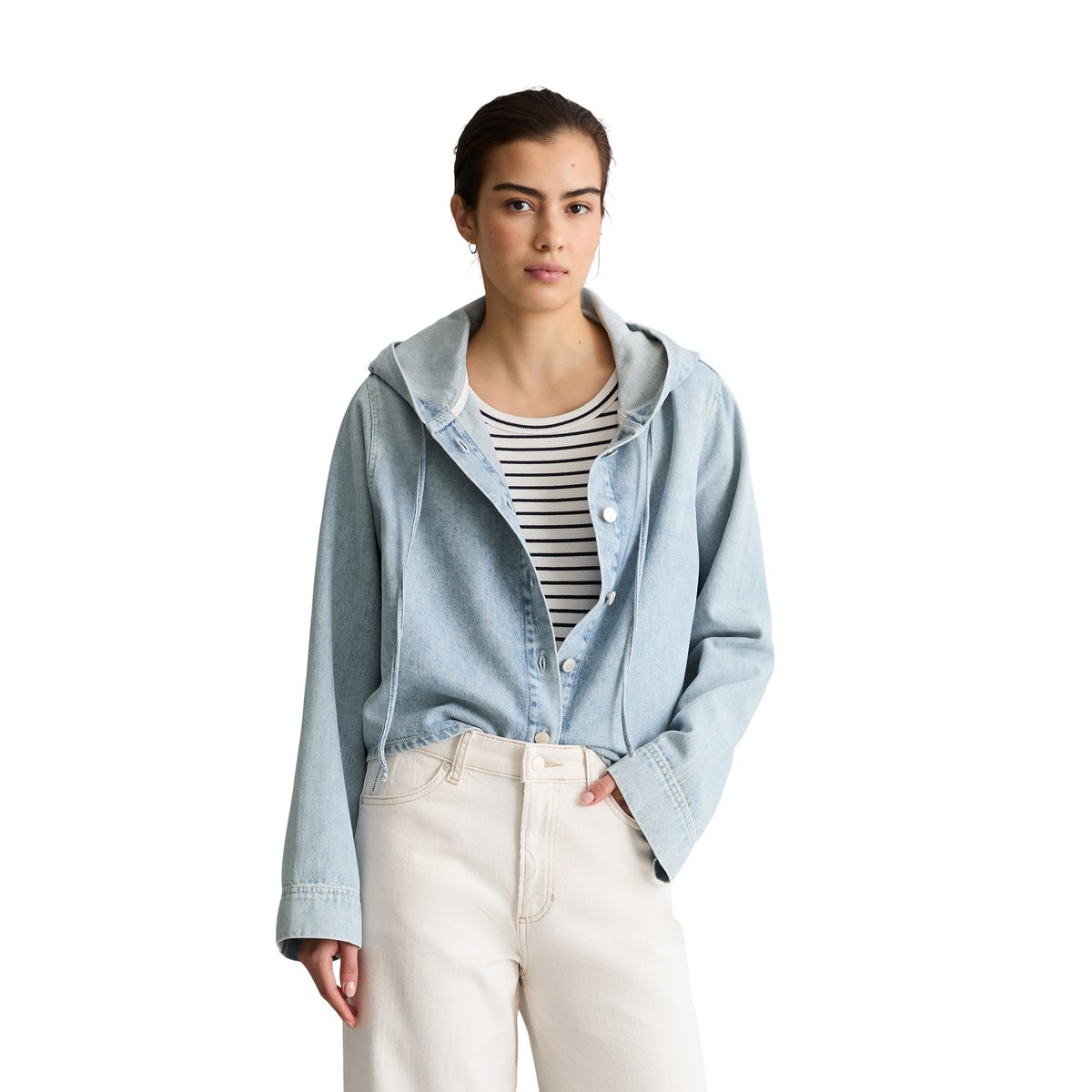 Blouse en jean à capuche relaxed en pur coton bleu clair, MARC O’POLO DENIM
