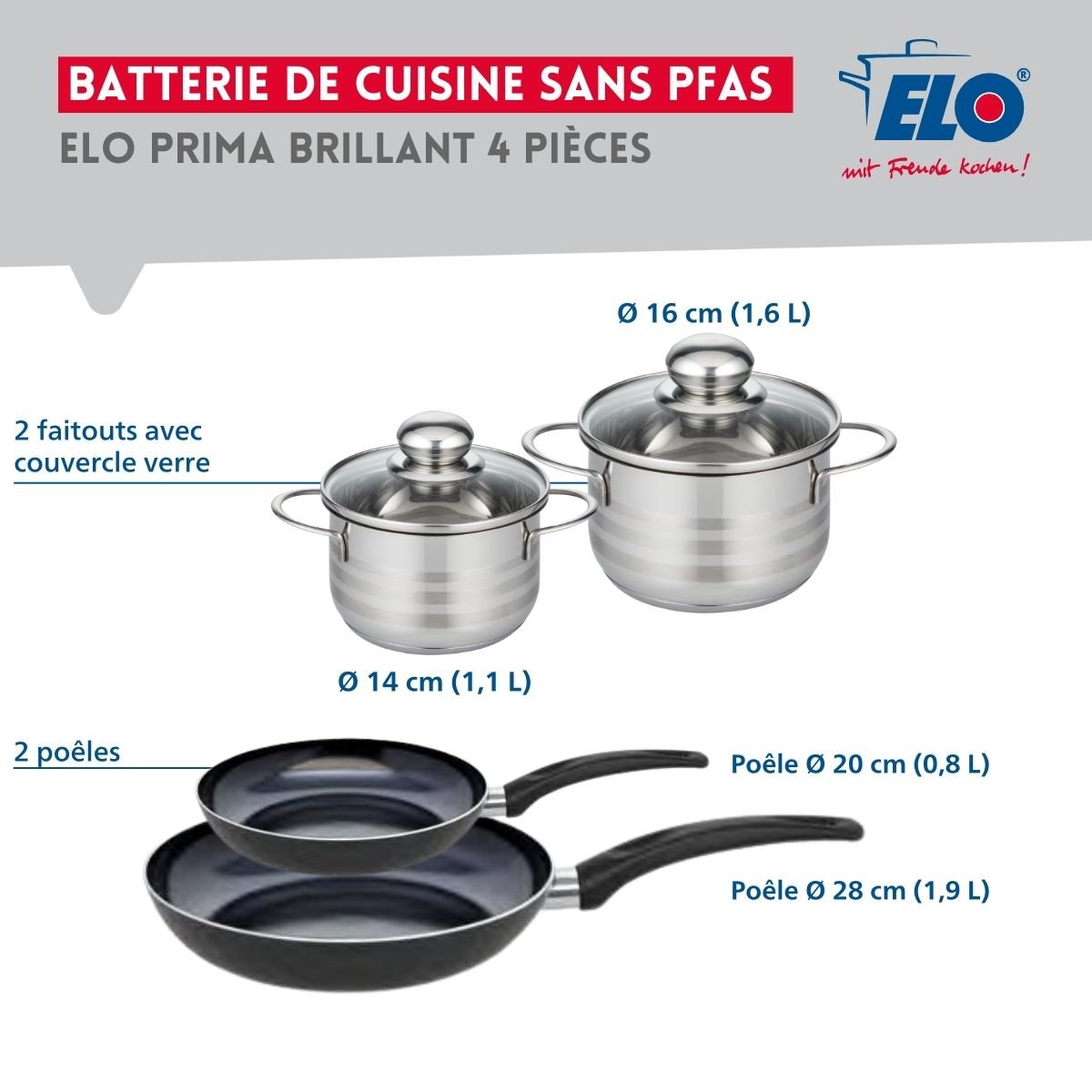 Batterie 2 poêles 20/28cm + 2 faitouts 14/16cm PRIMA BRILLANT noir, ELO