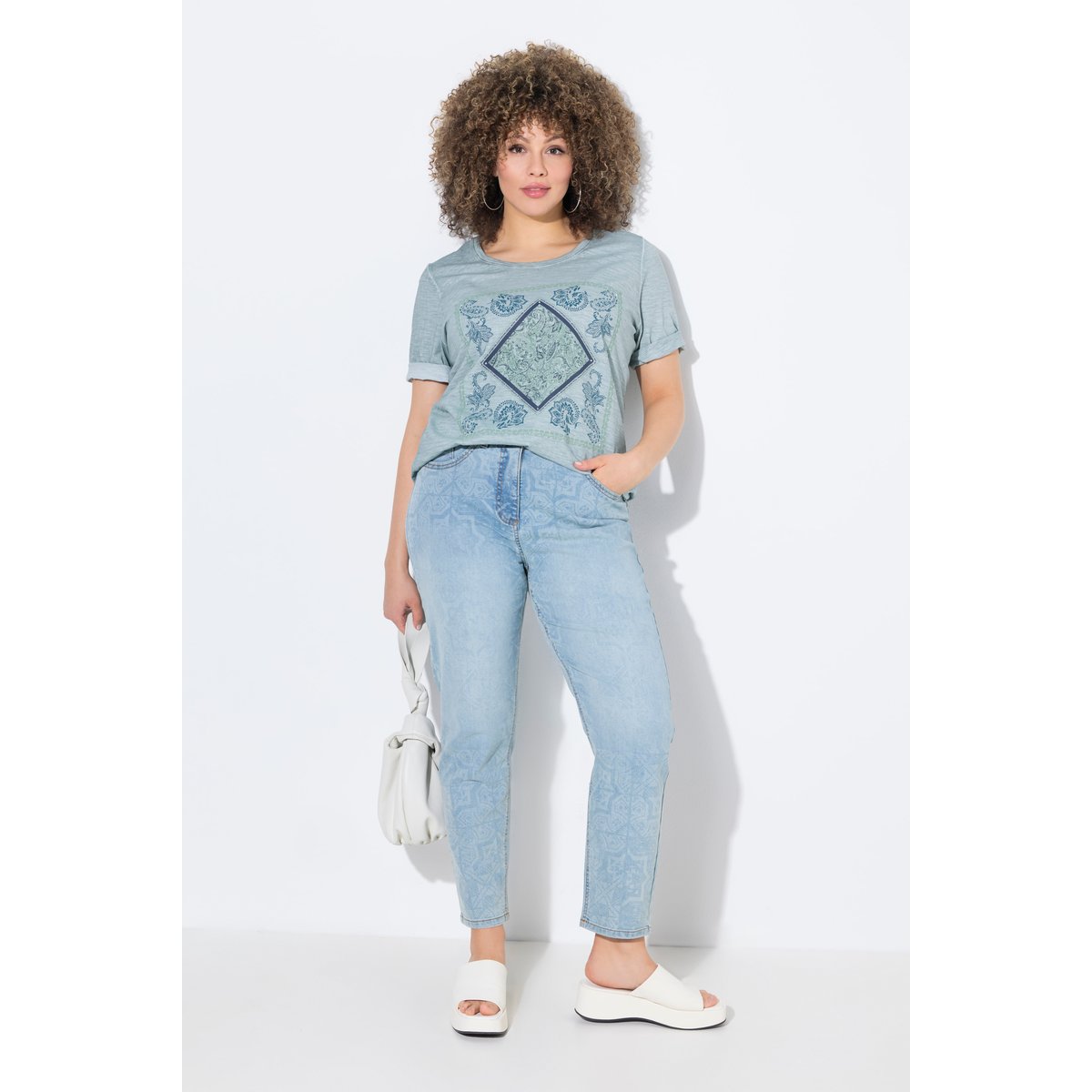 Jean Mom 5 poches, imprimé laser bleu clair, ULLA POPKEN