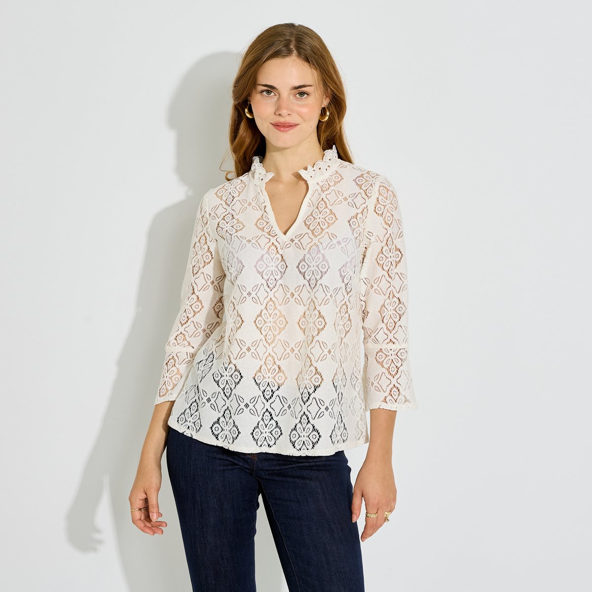 Blouse ajourée col volanté blanc cassé ecru, GRAIN DE MALICE