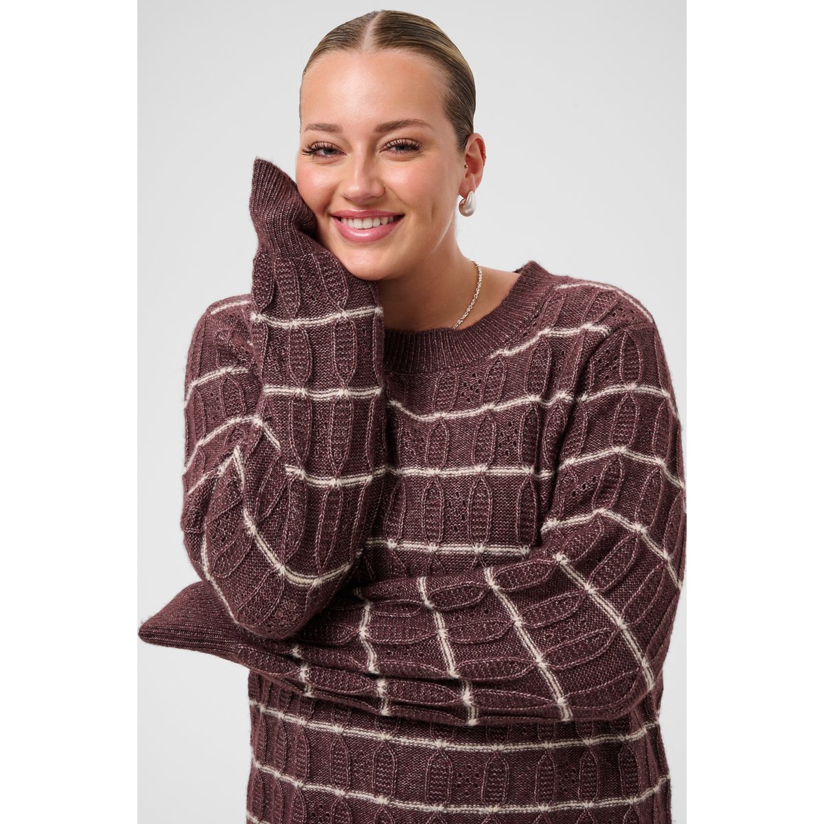 Pullover tricoté marron fudge melange/beige stripe, KAFFE CURVE