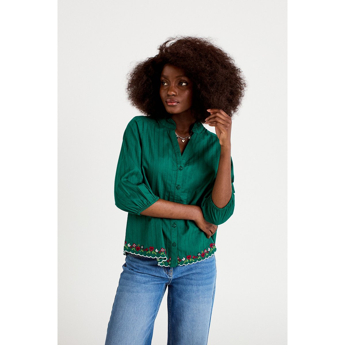 Blouse broderie col v manches 3/4 vert foncé, CACHE CACHE