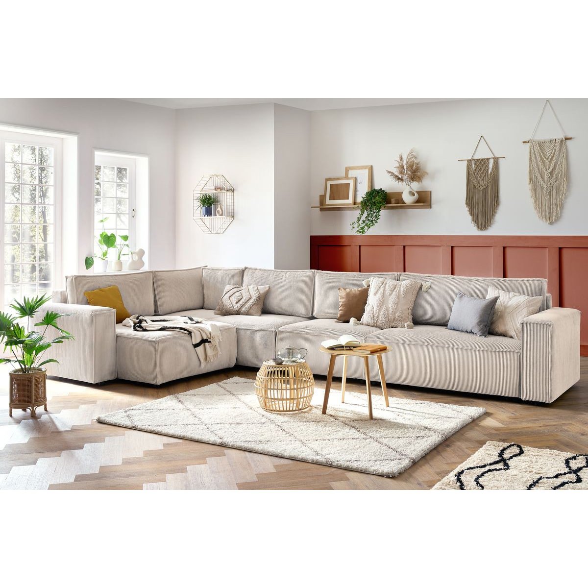 Canapé modulable 6 places en velours côtelé, NIHAD beige, BOBOCHIC