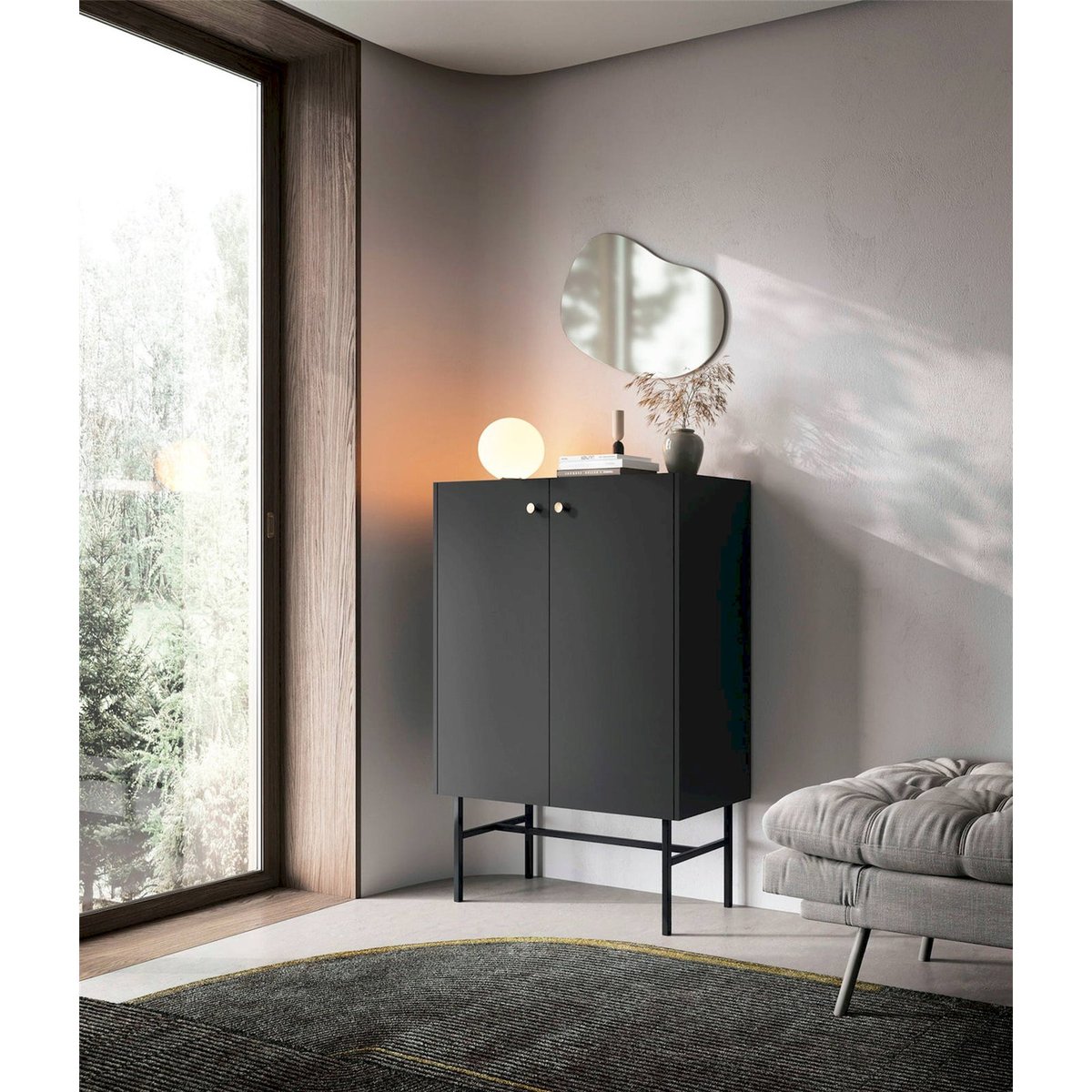 Commode haute deux portes au design épuré noir, RECOLLECTION