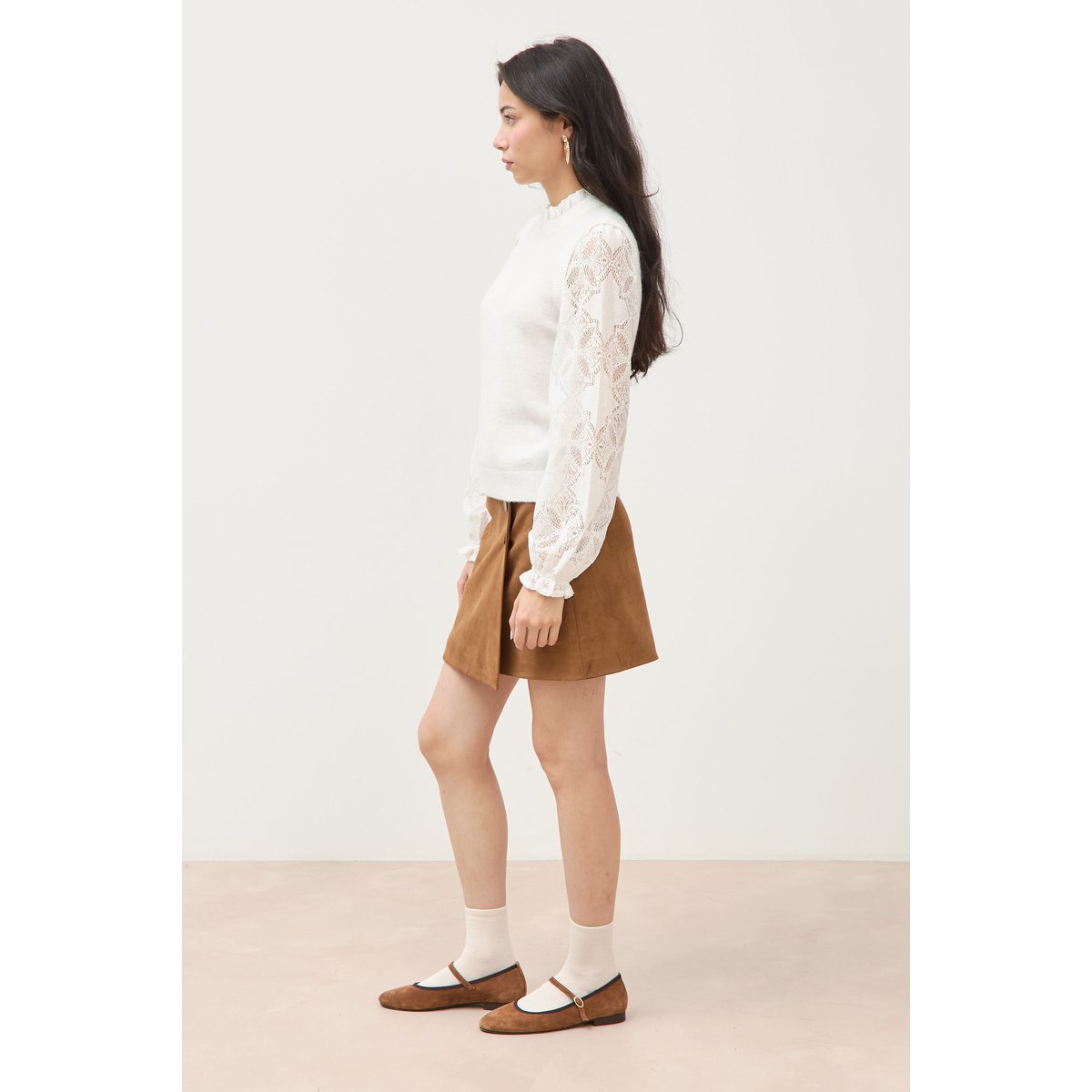 Pull droit col montant manches longues ecru, BONOBO