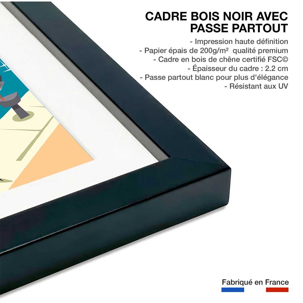 Poster du cap ferrat affiche + cadre en bois - noir, HEXOA