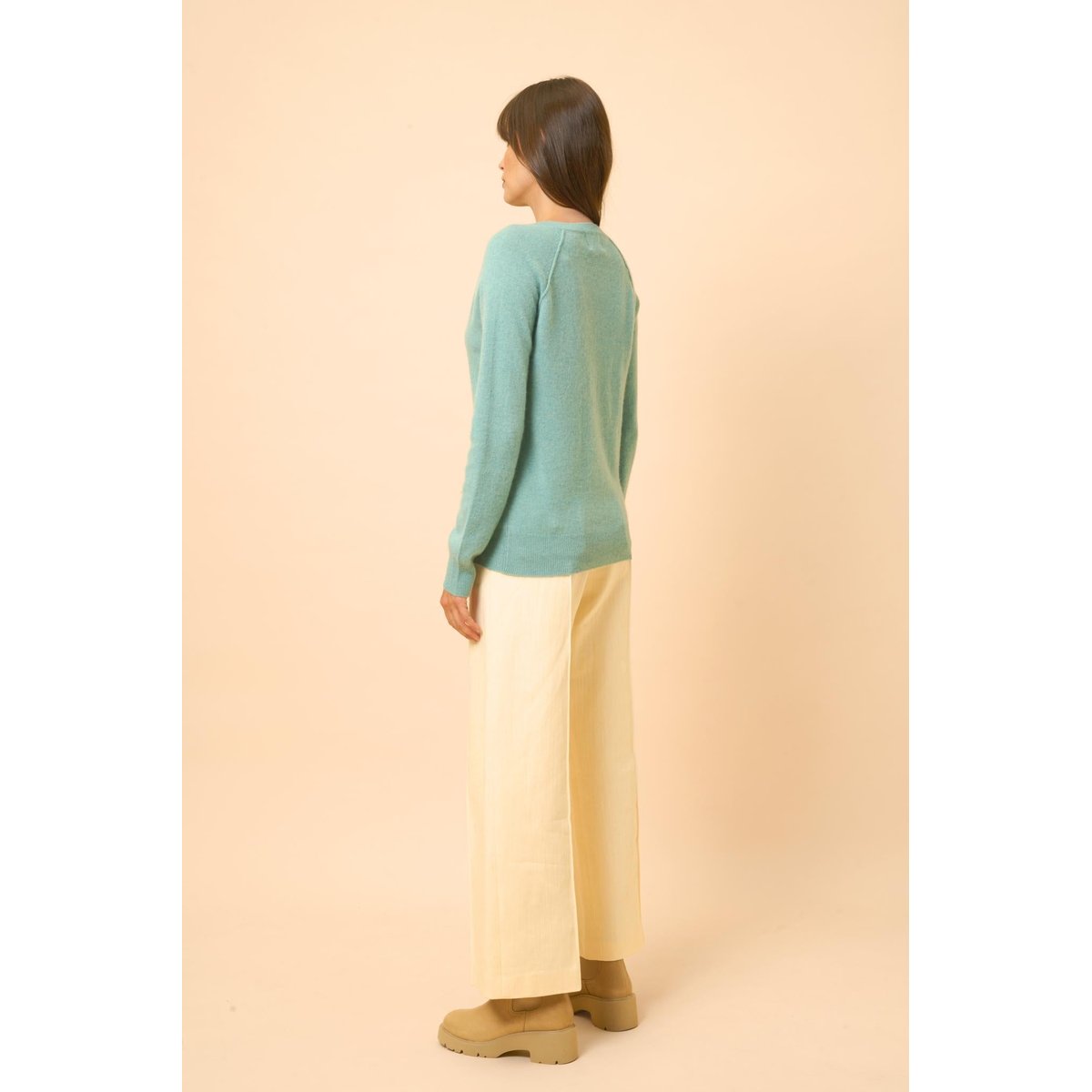 Pull Col V  Vert Chiné Phoebe vert, JUST CASHMERE