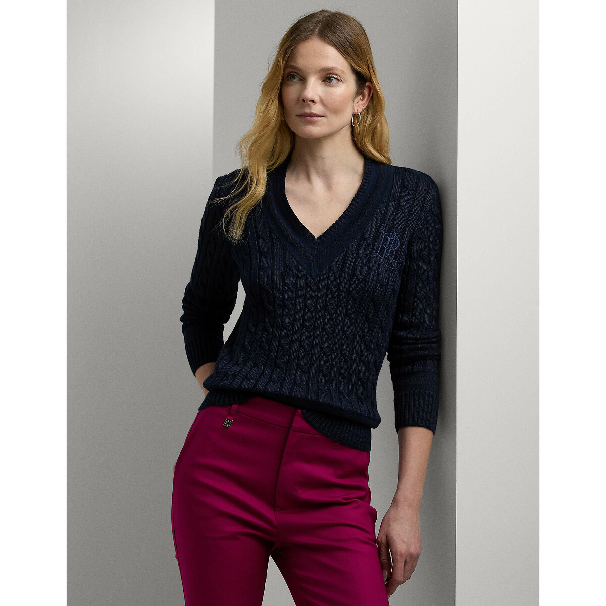 Maglione a trecce scollo a V MEREN blu marino, LAUREN RALPH LAUREN