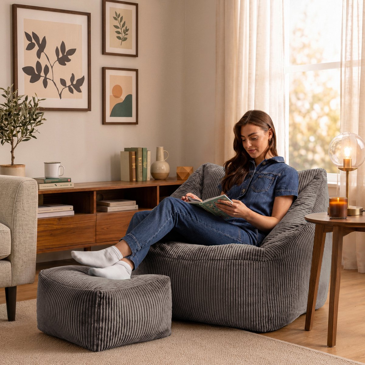 Pouf fauteuil salon velours côtelé Oeko-Tex® - NATALIA gris anthracite, ICON