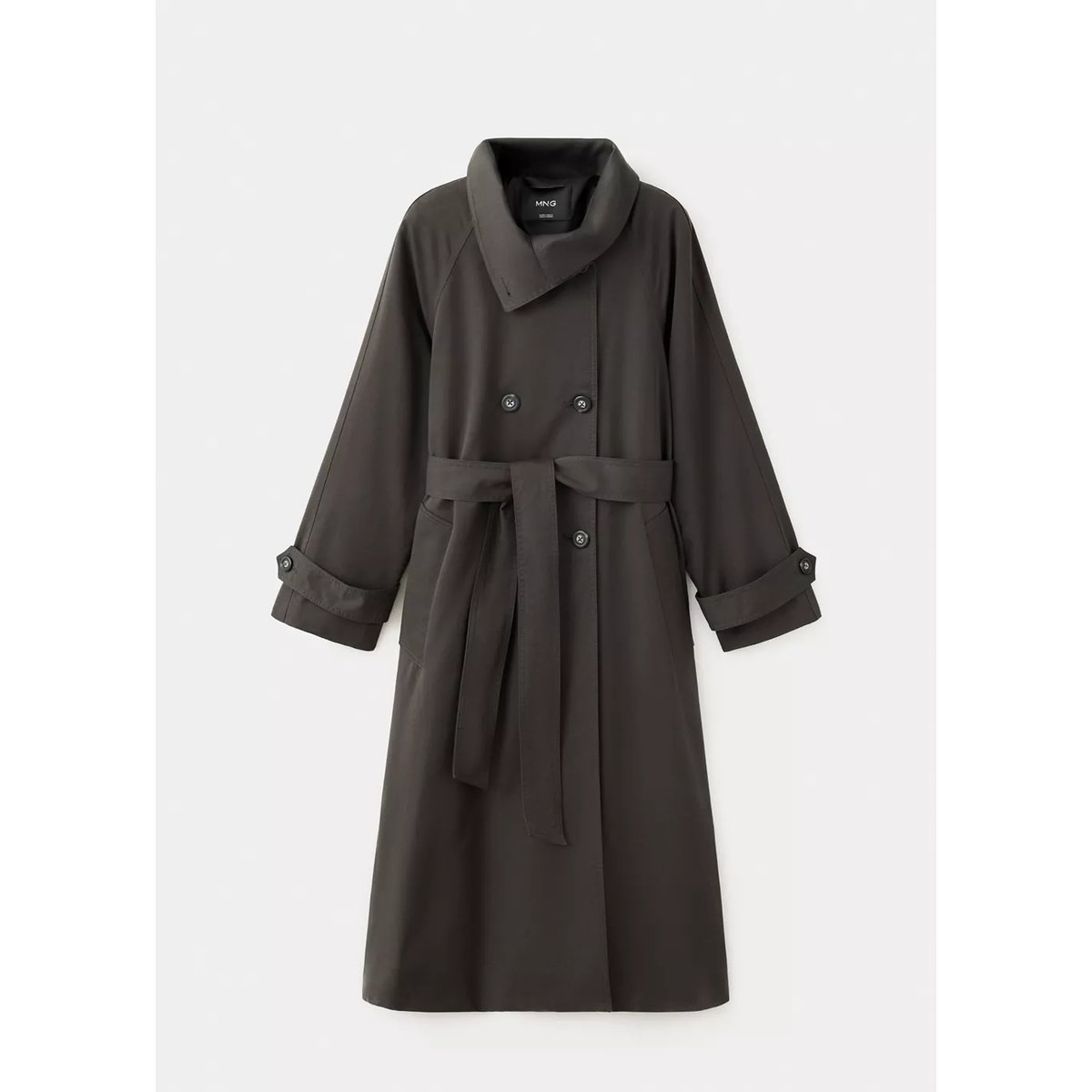 Trench long avec col montant et ceinture chocolat, MANGO