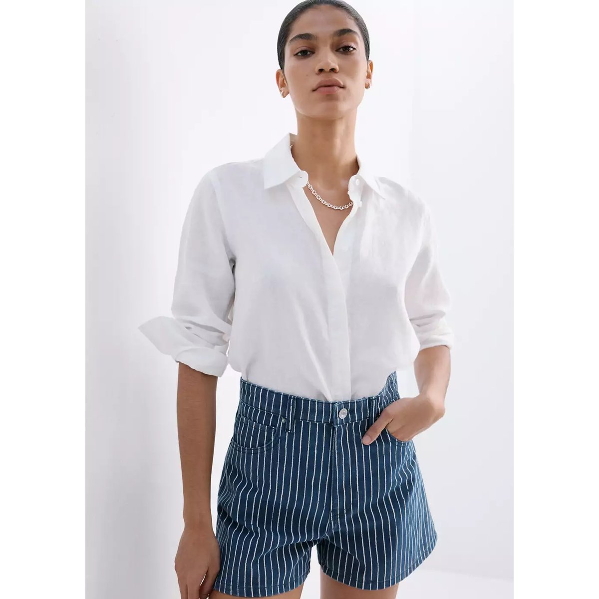 Short jean taille haute bleu, MANGO