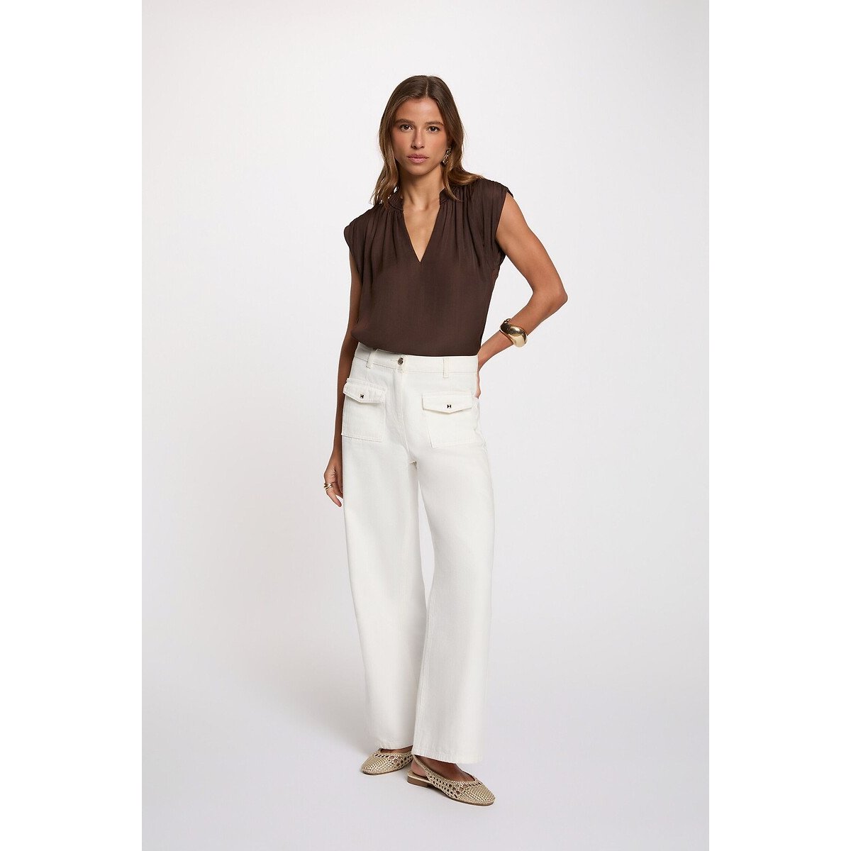 Blouse manches courtes satin chocolat, MORGAN