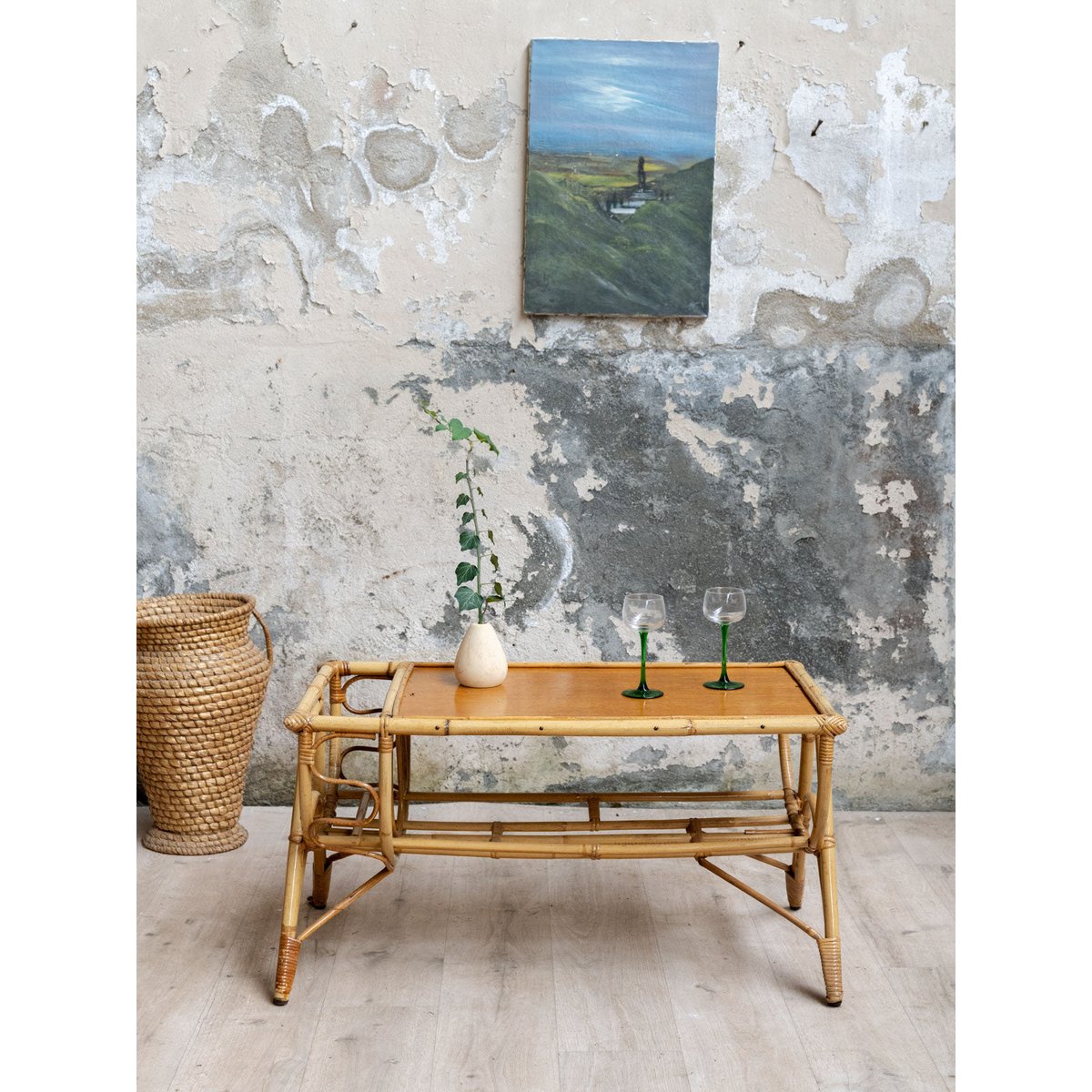 Table basse en rotin Léonie N°1586 - Bon état bois clair, DEBONGOUT