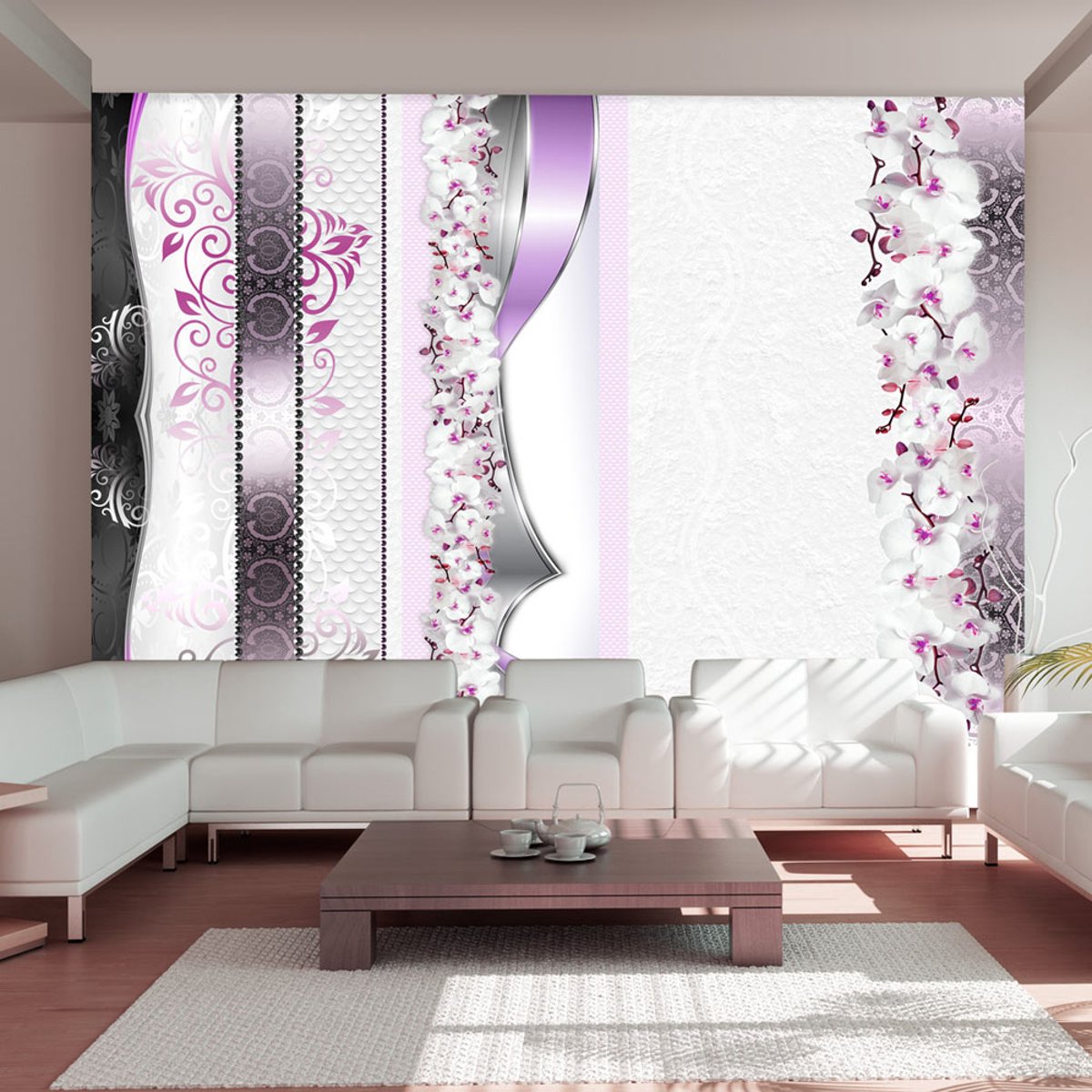 Papier peint intissé panoramique Fleurs Parade of orchids in violet gris / argent, EDEN
