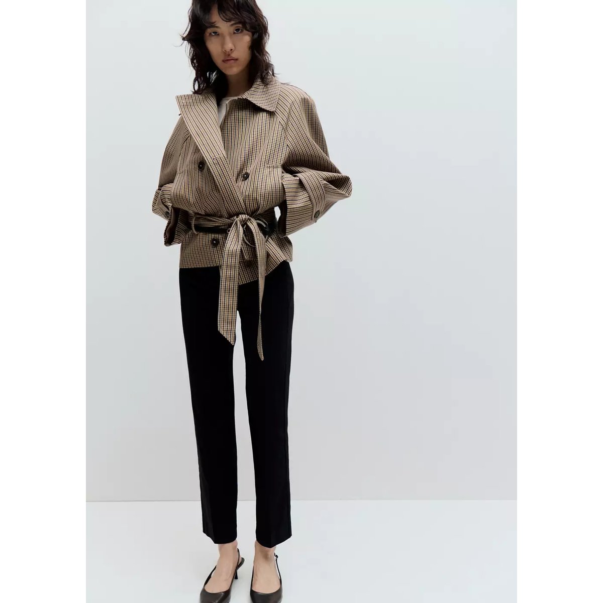 Trench court à carreaux ceinture beige, MANGO