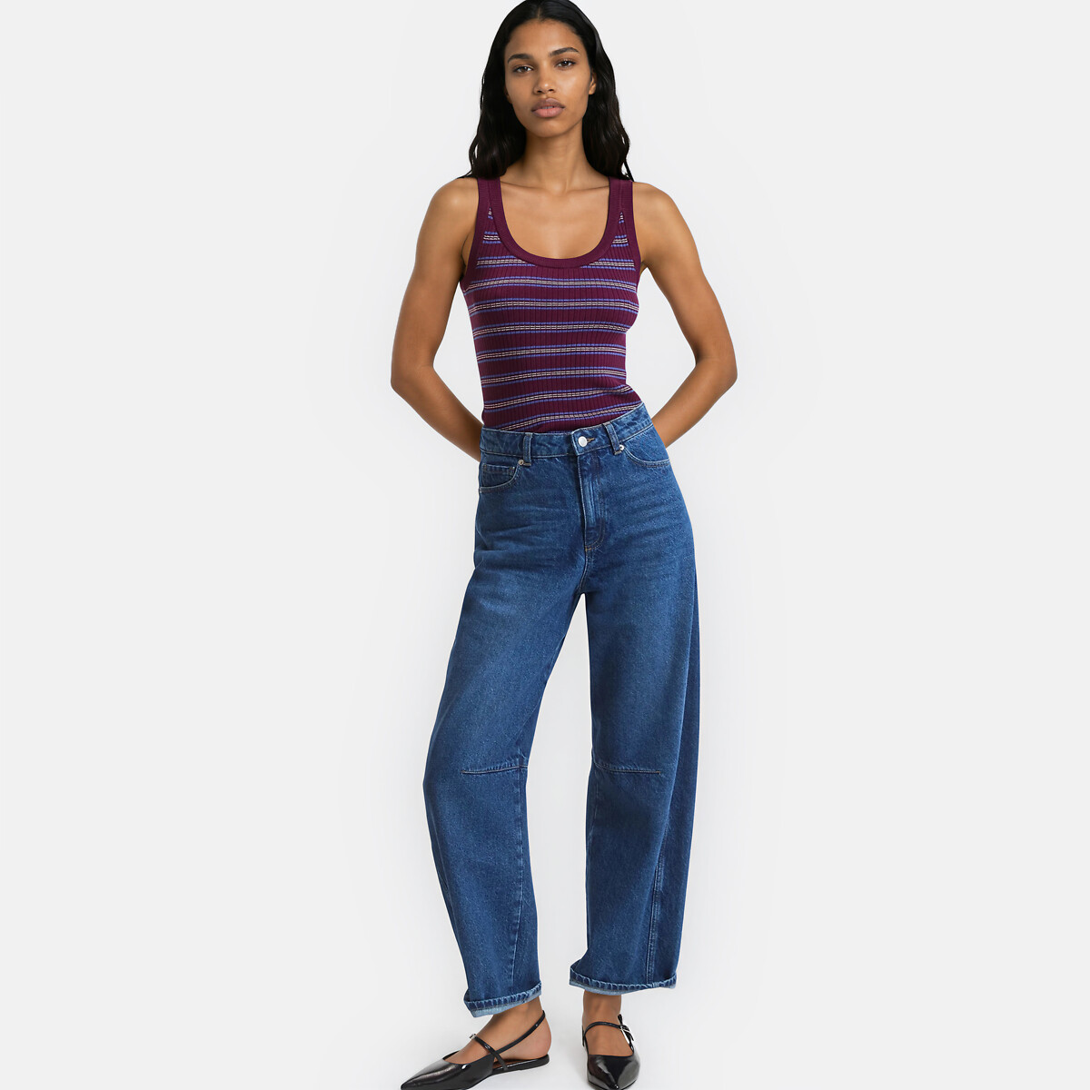 Gestreepte singlet, ronde hals, fijn tricot gestreept bordeaux, LA REDOUTE COLLECTIONS
