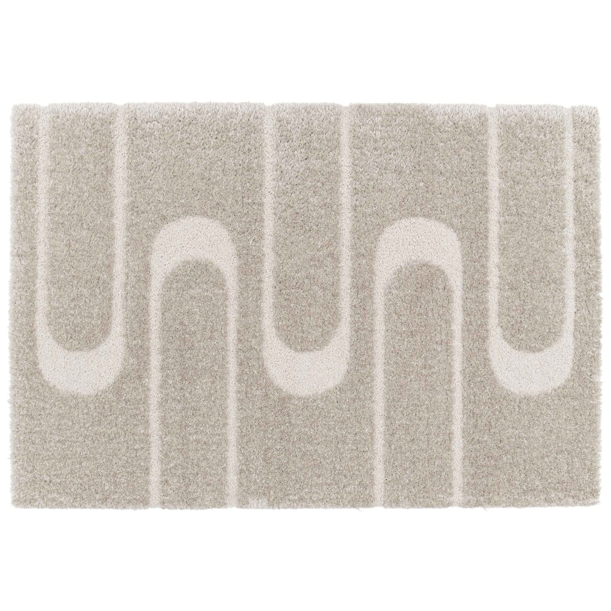 Tapis shaggy rectangulaire en polyester recyclé motif géométrique à poils longs, ZIGGY taupe, OVIALA