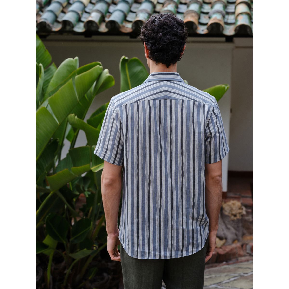 Chemise manches courtes lin à rayures signature bleu, NEXT