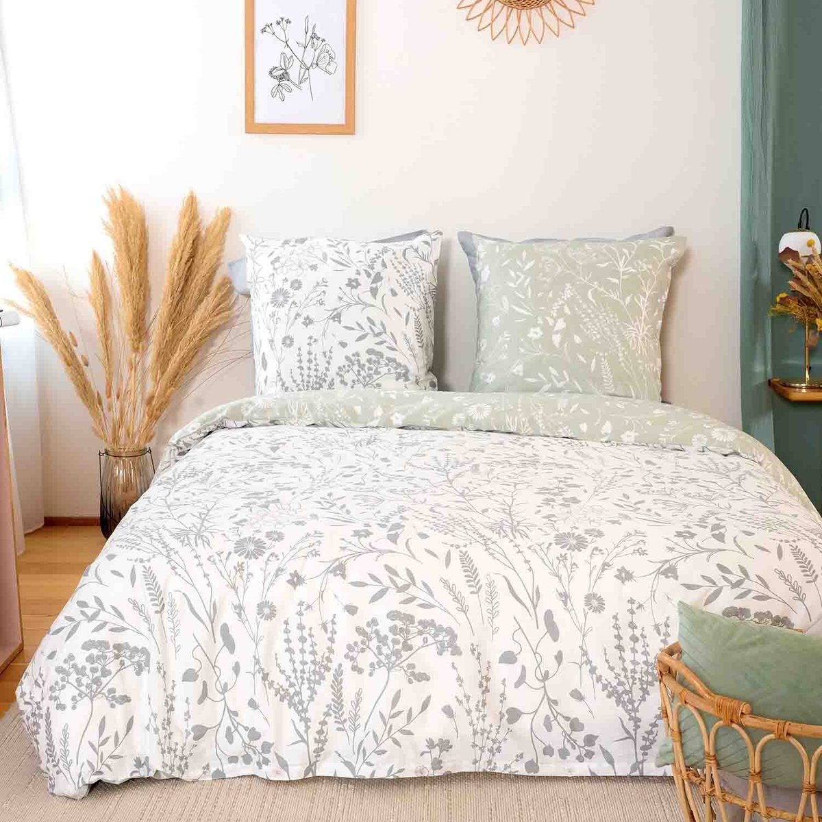 Parure housse de couette en satin de coton imprimée, Susie vert, C DESIGN HOME TEXTILE