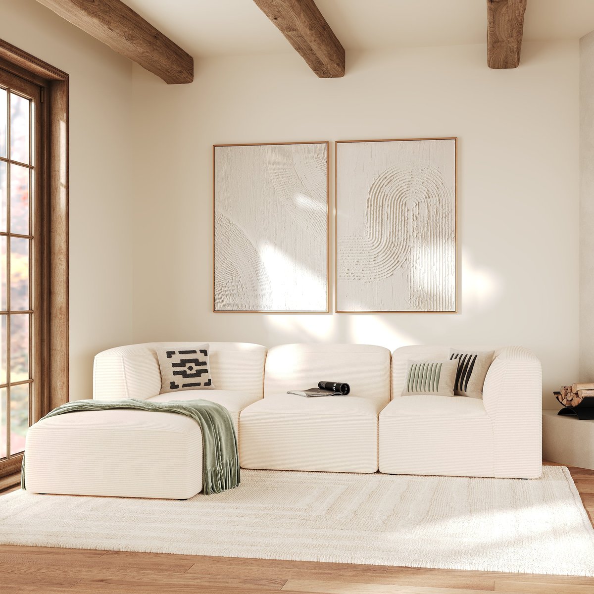 Canapé modulable en velours avec pouf - MINA blanc cassé, MAISON PAVANE