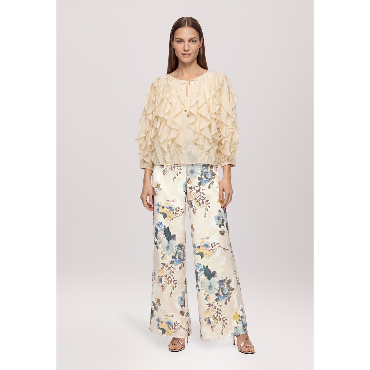 Pantalon Marlene à imprimé à fleurs cream/mint, VERA MONT