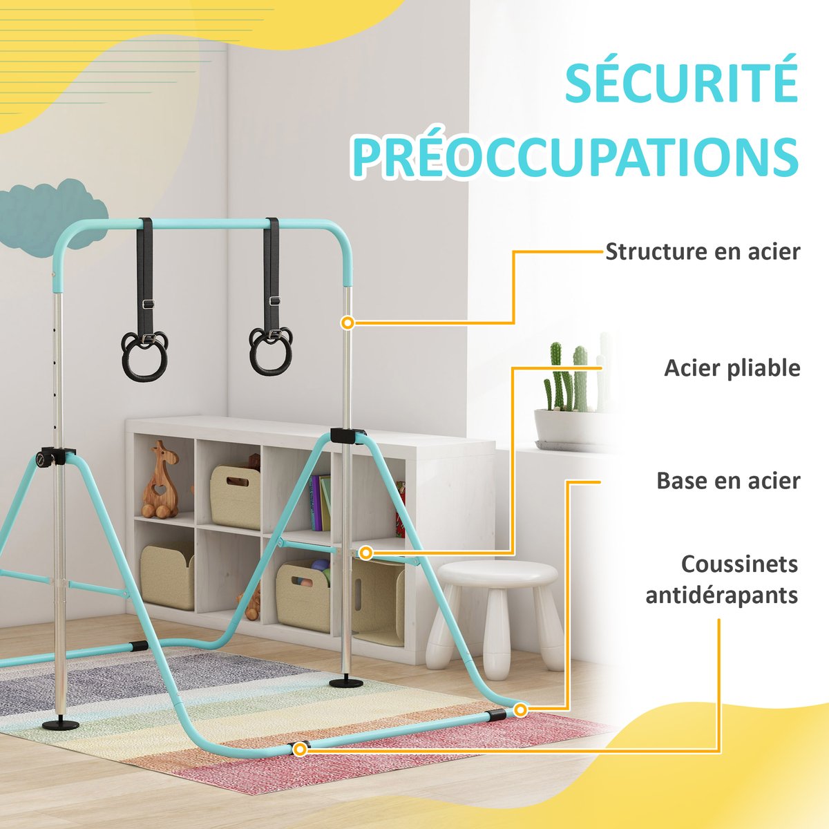 Barre de gymnastique pour enfants Acier Cyan couleur unique, HOMCOM