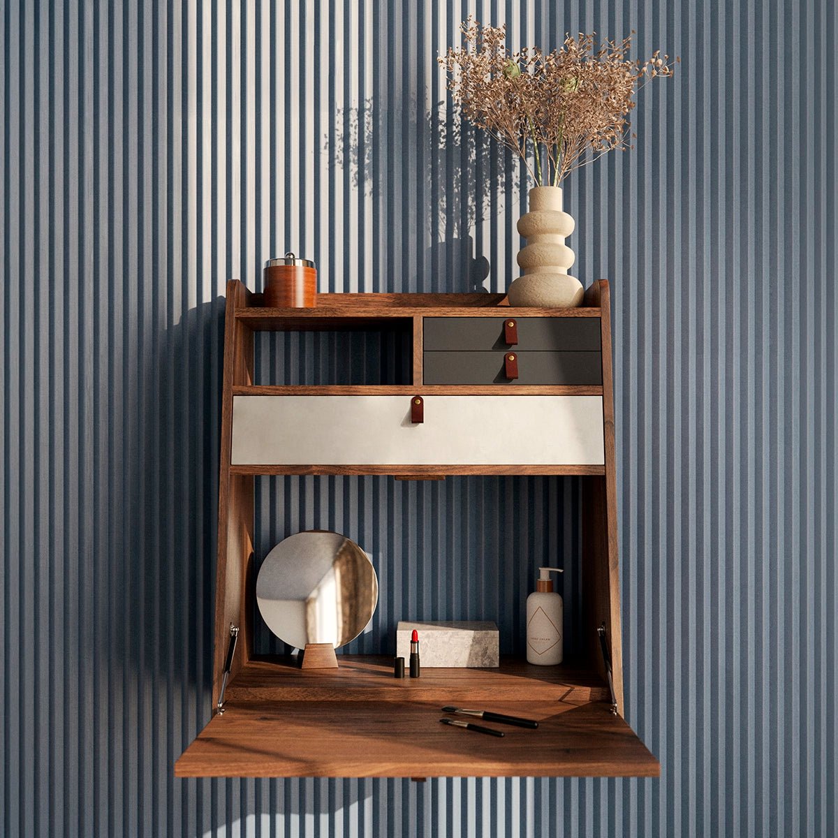 Bureau secrétaire mural en chêne teinté 60 cm, GASTON gris ardoise, HARTO
