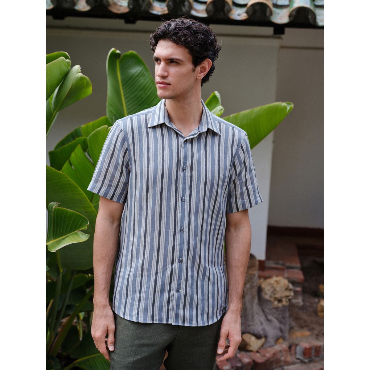 Chemise manches courtes lin à rayures signature bleu, NEXT
