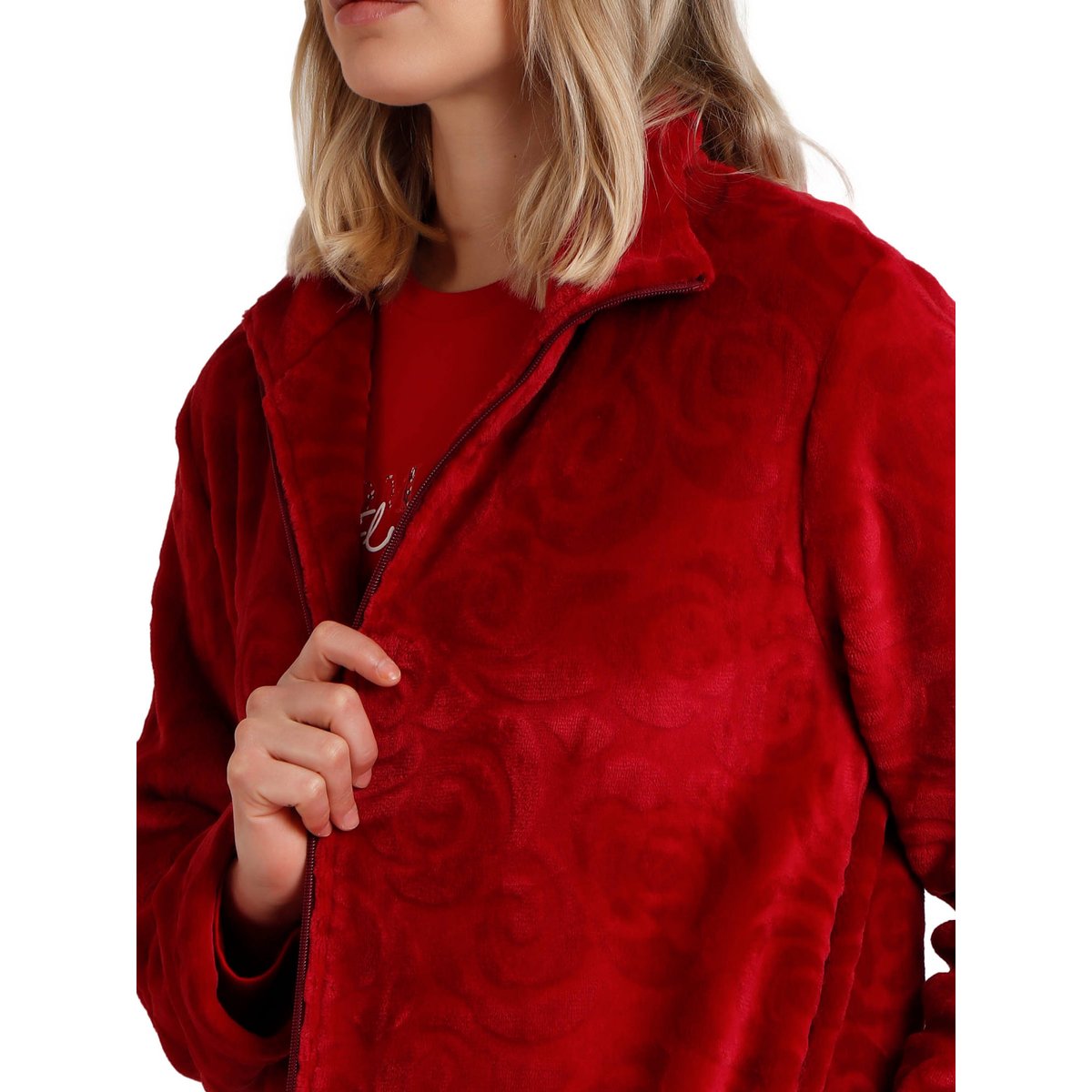 Veste longue d'intérieur Rosas Jacquard rouge, ADMAS