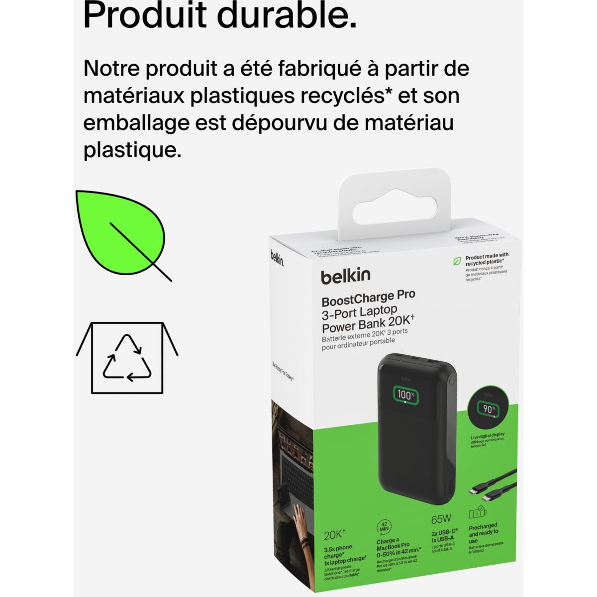 Batterie externe 20000 mAh 65W pour ordinateur portable couleur unique, BELKIN