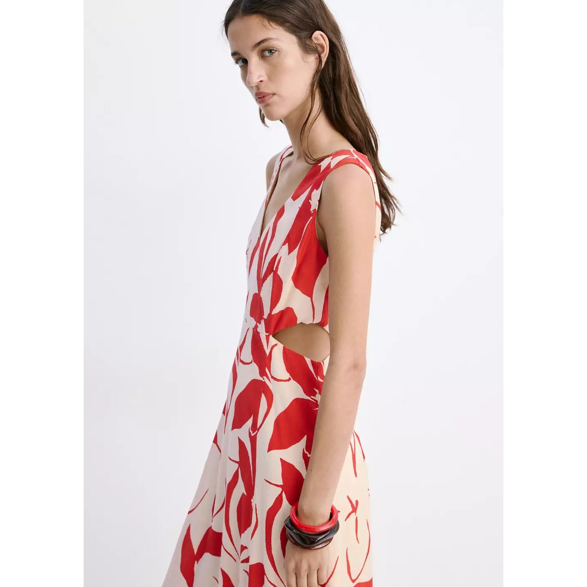 Robe à découpes et imprimé floral rouge, MANGO
