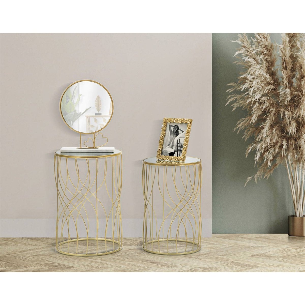 Lot de 2 tables en fer plateau miroir GLAM doré et miroir, RECOLLECTION