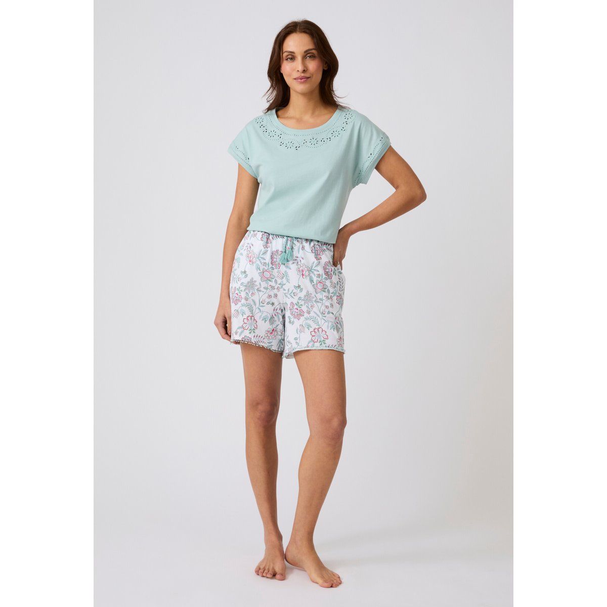 Pyjashort broderie anglaise blanc bleu fleuri, DAMART