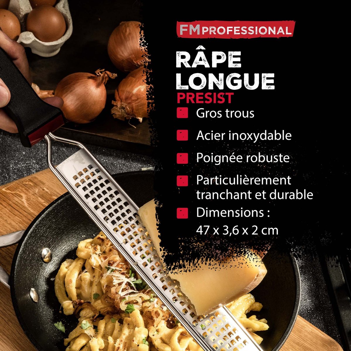 Duo Râpe à zeste longue à gros grain avec couvercle de protection inox|noir|transparent, FACKELMANN