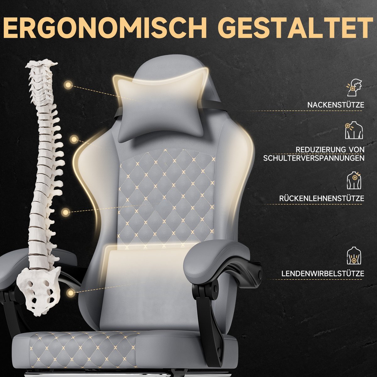 Chaise de bureau et jeu ergonomique avec repose-pieds escamotable et soutien lombaire, CURRIA gris, MEUBLES COSY
