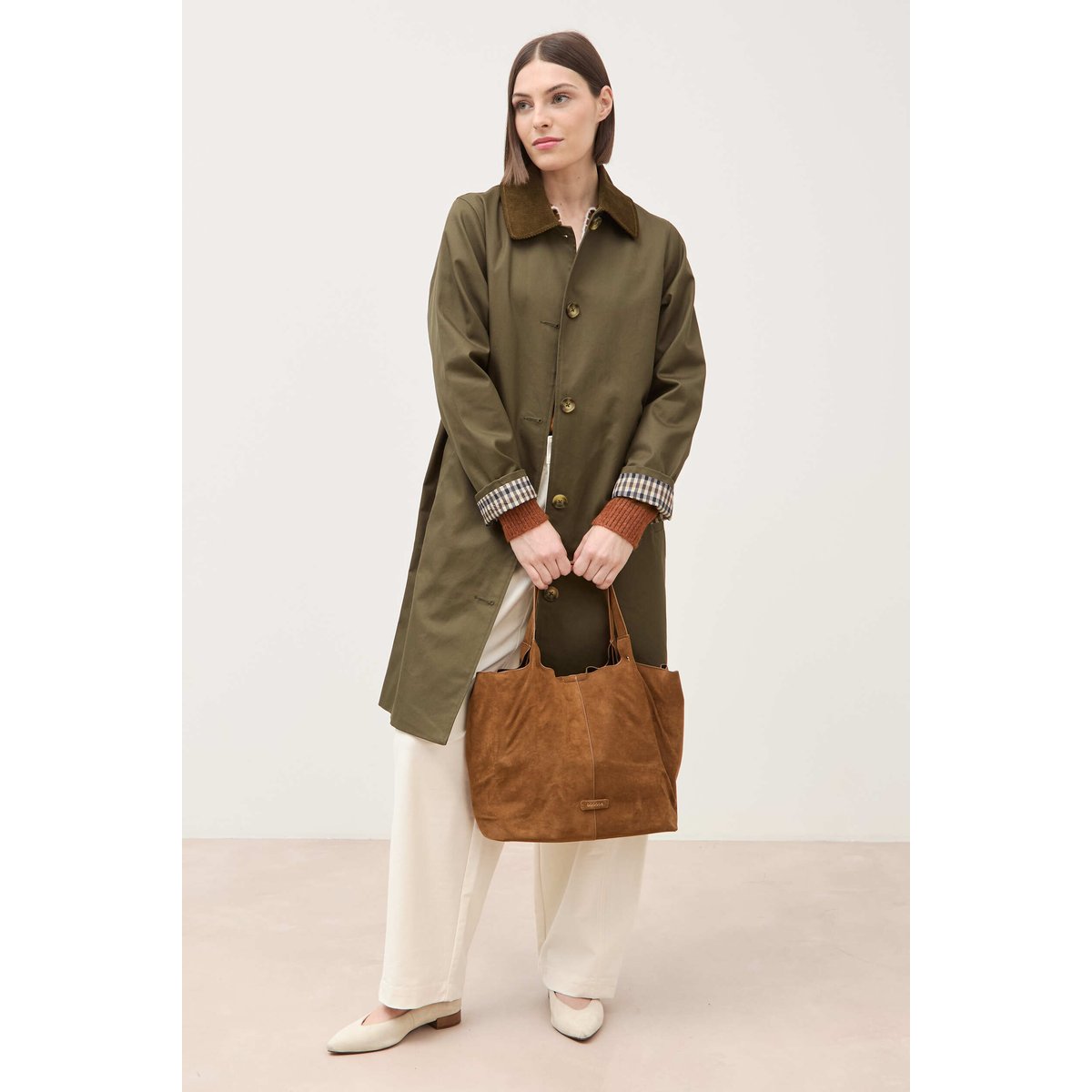 Trench droit long en coton doublé vert kaki, BONOBO