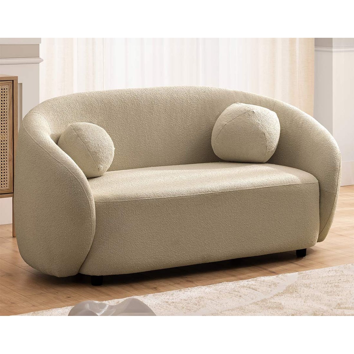 Flore - Canapé droit 2 places en tissu bouclette taupe, LISA DESIGN