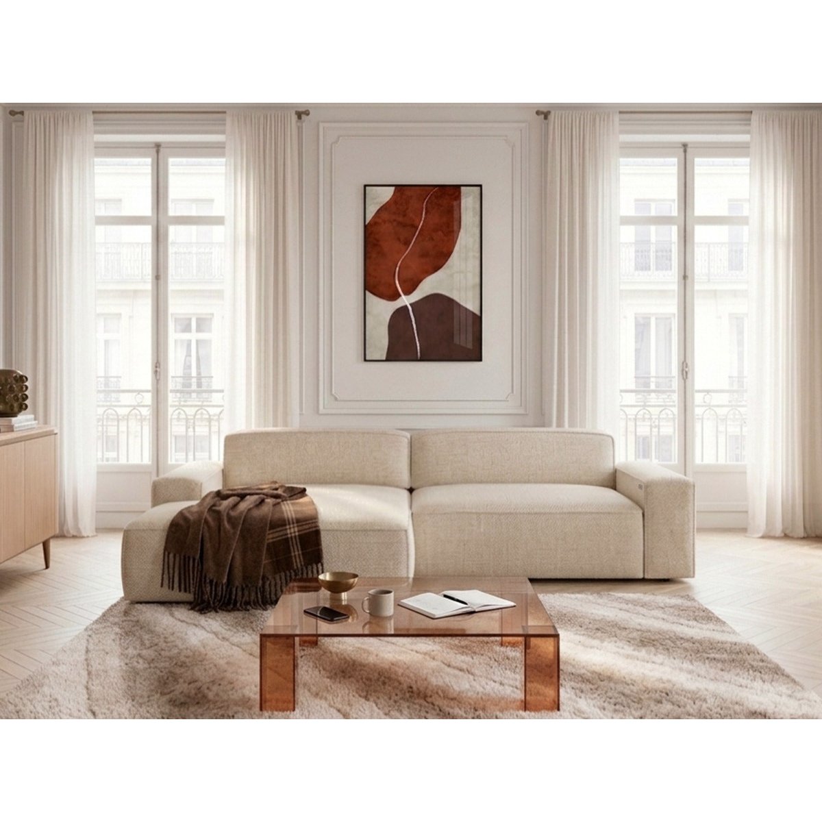 Canapé d'angle convertible 3 places en tissu chiné, ABEL beige, BOBOCHIC